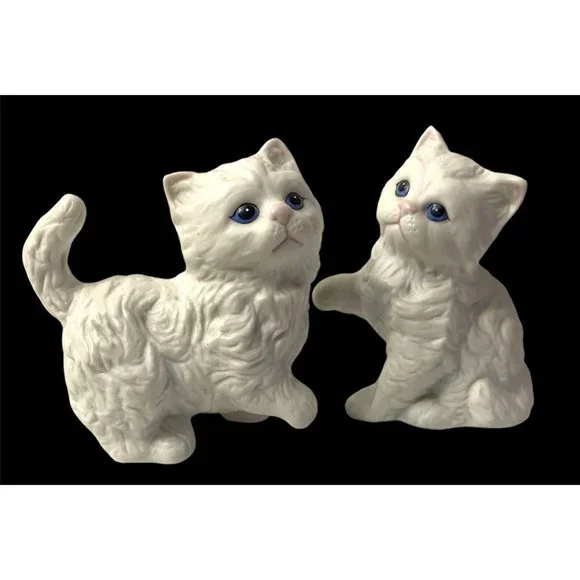HOMCO #1413 WHITE PERSIAN CERAMIC KITTENS BLUE EYES 2 PIECE KITTY CAT FIGURINES - Picture 1 of 6